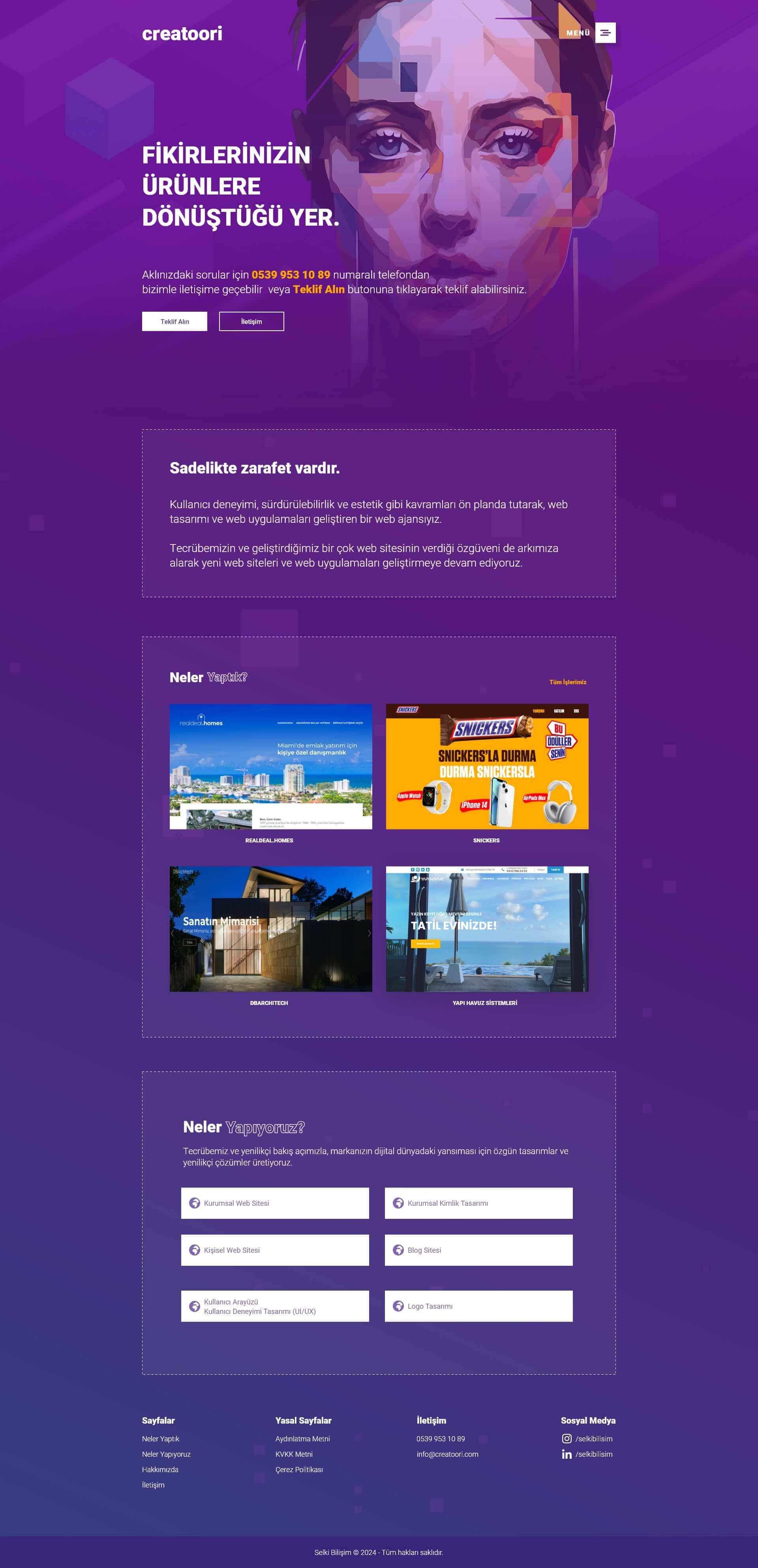 Creatori Web Ajansı'nın resmi web sitesi, dijital çözümler, web tasarım ve kurumsal kimlik hizmetlerini tanıtıyor.